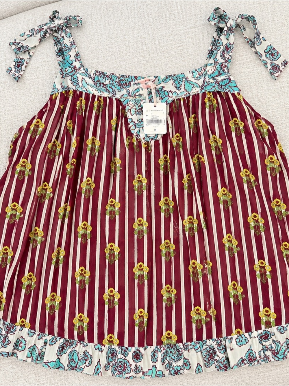 Free People Burgundy Floral Stripe Tie-Shoulder Romper Top